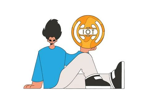 Guy sits on floor, holding internet of things logo. Stock Illustration