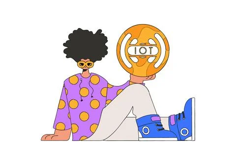 Guy sits on floor, internet of things logo in hands. Stock Illustration