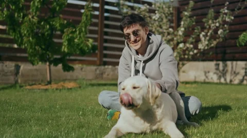 The guy sits on the grass and plays with his dog in the yard on a grassy lawn Stock Footage 247996042