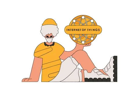 Guy sits with IoT logo cradled in his arms, on the floor. Stock Illustration