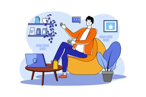 The guy sits at a laptop in a cafe 스톡 일러스트