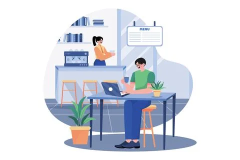 The Guy Sits At A Laptop In A Cafe Stock Illustration