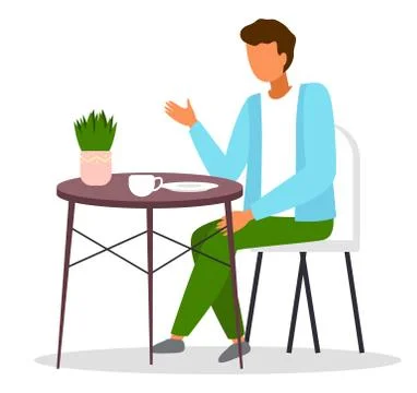 Guy sits at round coffee table and drinks tea, green potted plant. Stay home Stock Illustration