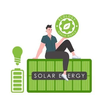The guy sits on the solar panel and holds the ECO logo in his hands. The conc Stock Illustration