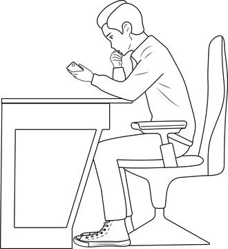 Guy sits at a table and holds a phone in his hands. Computer chair, white bac Stock Illustration