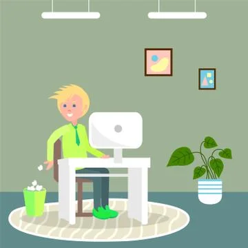 The guy sits at table with monoblock and throws paper lumps into trash. Work at イラスト素材
