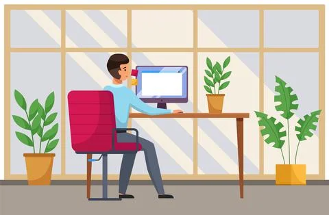 Guy sits at a table works with laptop. Young man using computer searching for Stock Illustration