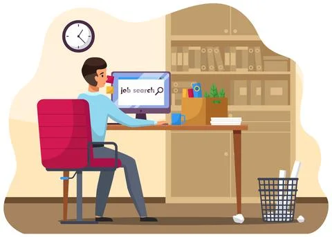 Guy sits at a table works with laptop. Young man using computer searching for Illustrazione stock