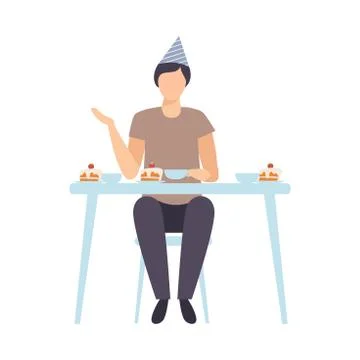 Guy Sitting Alone At Festive Table And Drinking Tea With A Cake Vector イラスト素材