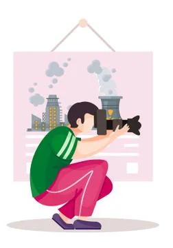 Guy sitting and holding the camera. Photographer with camera. Poster with Stock Illustration