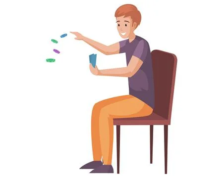 Guy sitting and playing with playcards. Male player spends time with poker game Stock Illustration