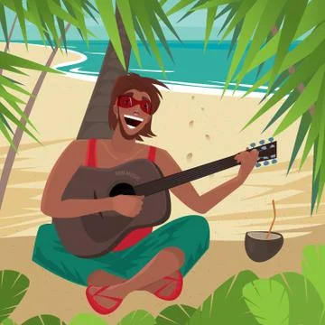 Guy sitting on a beach, plays guitar and sings Stock Illustration