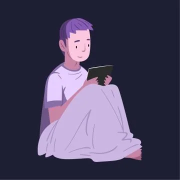 Guy Sitting in the Bed with Tablet PC at Night, Boy Using Digital Gadget for イラスト素材