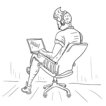 The guy is sitting in a chair and working on a laptop isolated contour drawin Stock Illustration