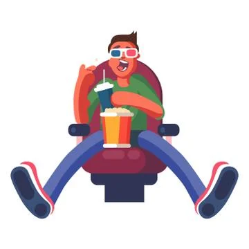 The guy is sitting in the cinema on a white background. Vector illustration. Stock Illustration
