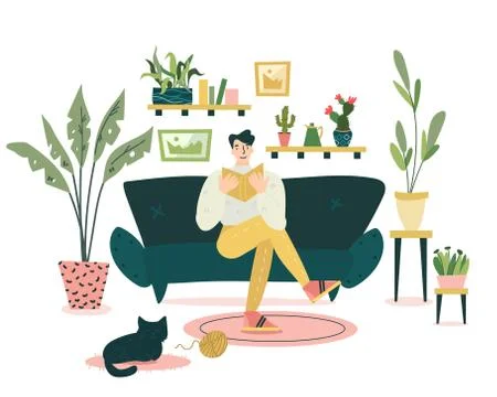 Guy is sitting on the coach and reading an interesting book in cozy Stock Illustration