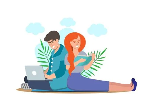 The guy is sitting at the computer, and the girl is reading a book, outdoor recr Stock Illustration