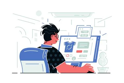 Guy sitting at computer Stock Illustration