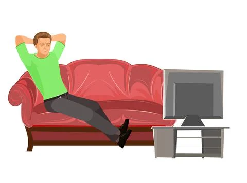 Guy is sitting on couch. Young handsome handsome boy watching TV. Resting. In Stock Illustration