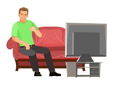 Guy is sitting on couch. Young handsome handsome boy watching TV. Resting. In 스톡 일러스트