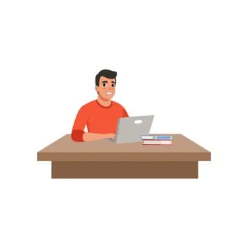 Guy sitting at the desk and studying using his laptop computer, student in Stock Illustration
