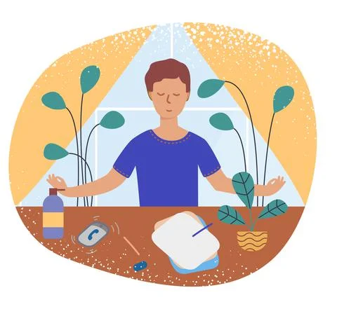 Guy is sitting at the desk in a relaxed position Stock Illustration