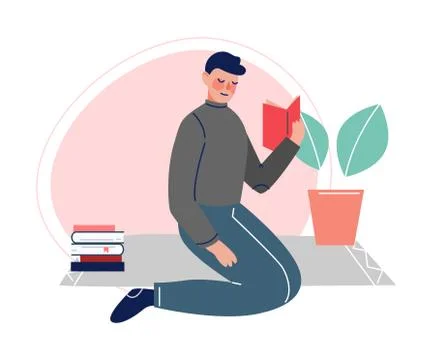Guy Sitting on the Floor and Reading a Book, Male College or University Student Stock Illustration