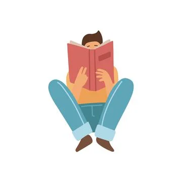 Guy sitting on a floor and reading a book isolated on white background. Front Stock Illustration
