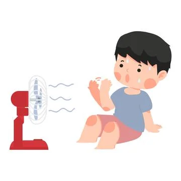 Guy is sitting on the floor with a fan Stock Illustration