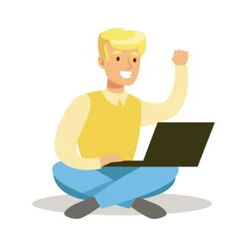Guy Sitting On The Floor With Lap Top, Part Of Happy Gamers Enjoying Playing Stock Illustration