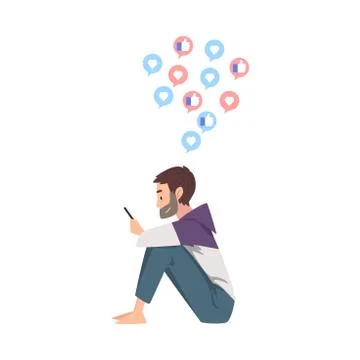 Guy Sitting on the Floor with Smartphone, Side View, Bearded Young Man Using 스톡 일러스트