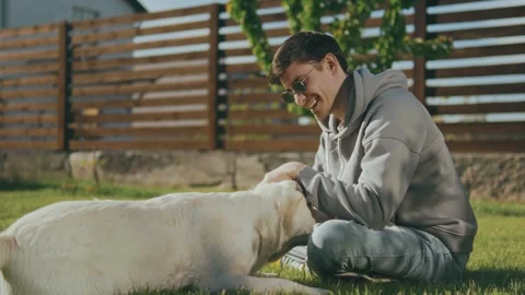 Guy sitting on the grass strokes his beloved dog while relaxing in the fresh air Stock Footage 248219876