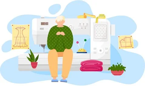 The guy is sitting on a large sewing machine. A man is thinking about a fashion Stock Illustration