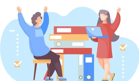 Guy is sitting near a stack of folders joyfully raised his hands up. Girl with Illustrazione stock