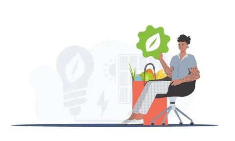 The guy is sitting next to a package with healthy food and holding an EKO i.. Stock Illustration