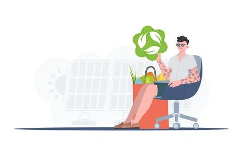 The guy is sitting next to a package with healthy food and holding an EKO i.. Stock Illustration