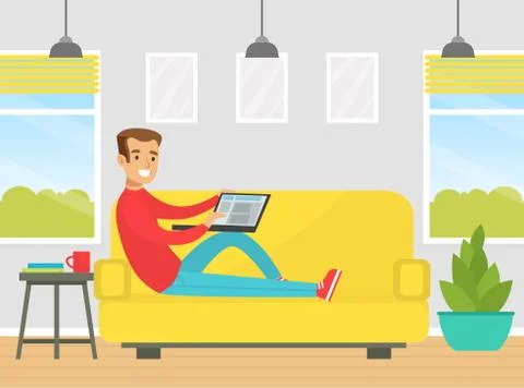 Guy Sitting On Sofa with Laptop Computer, Freelance, E-learning, Remote Work 스톡 일러스트