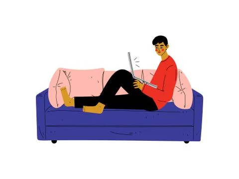 Guy Sitting On Sofa with Laptop, Young Man Working or Relaxing at Home Using Stock Illustration