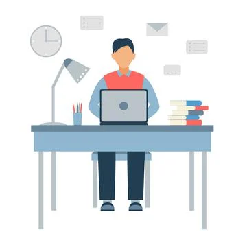 Guy is sitting at table and working on laptop Stock Illustration