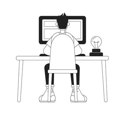 Guy sitting at table with computer monochromatic flat vector character Illustrazione stock