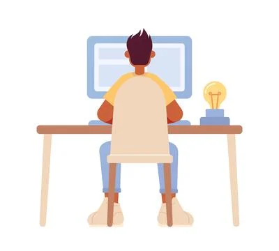 Guy sitting at table with computer semi flat color vector character Illustrazione stock