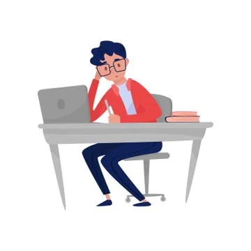 Guy sitting at table with laptop and books. Work at distance. Man working at Stock Illustration
