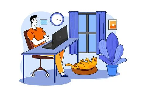 Guy sitting at a table on the laptop at home 스톡 일러스트