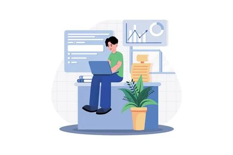 Guy Sitting At A Table On The Laptop At Home Stock Illustration