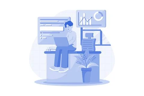 Guy Sitting At A Table On The Laptop At Home Stock Illustration