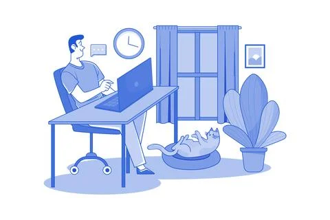 Guy Sitting At A Table On The Laptop At Home 스톡 일러스트