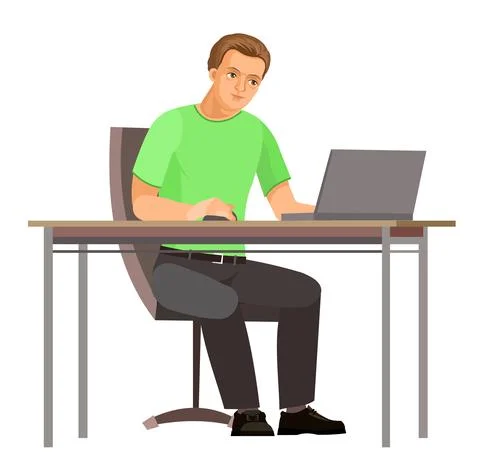 Guy is sitting at table. Young handsome handsome boy at computer. Friendly sm Stock Illustration