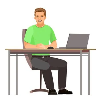 Guy is sitting at table. Young handsome handsome boy at computer. Works. Frie Illustrazione stock