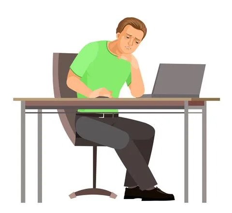 Guy is sitting at table. Young handsome handsome boy at computer. Upset. In j Stock Illustration