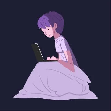 Guy Sitting under the Blanket with Laptop Computer at Night, Person Using Illustrazione stock